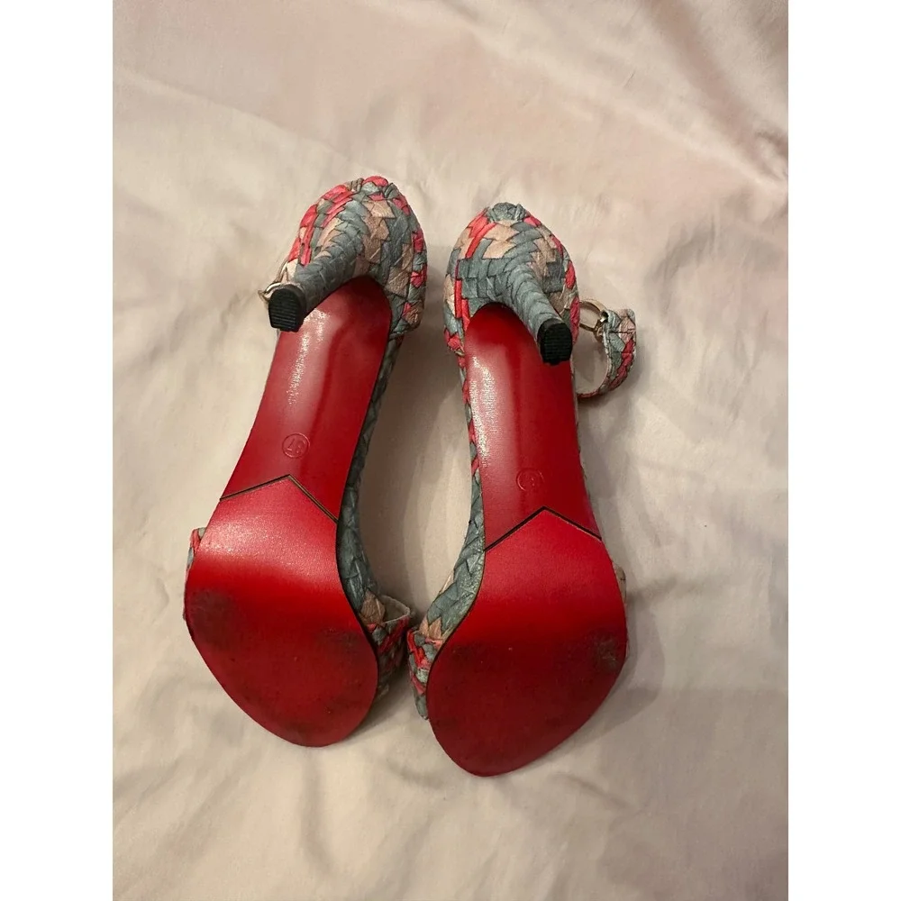 Bailingyin Woven Geometric Ankle Strap Stiletto Heels Red Bottom Grey Pink 37
